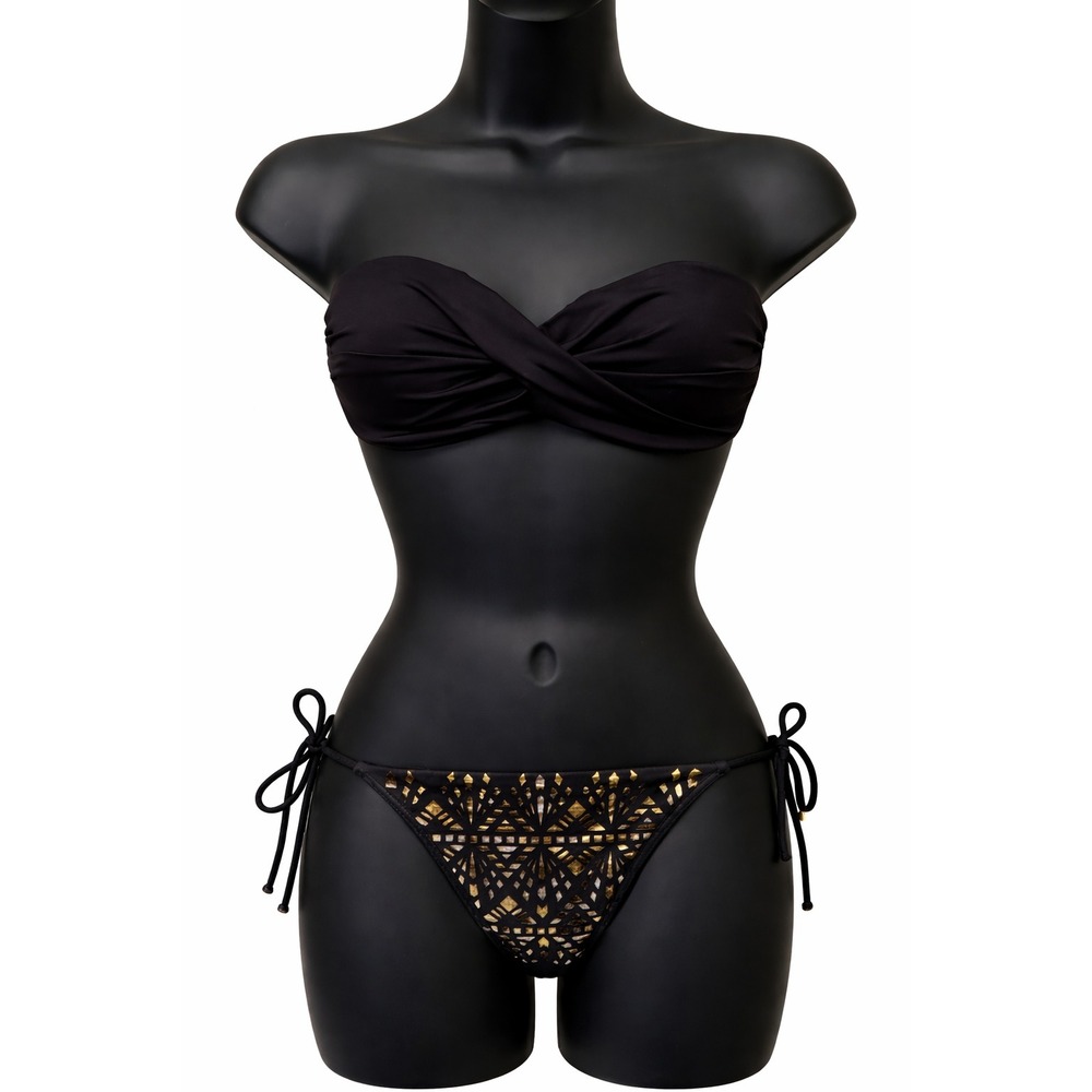 Victoria's Secret Womens Bikini Swimsuit Sz 34B/XS Black Gold Metallic Cut Out